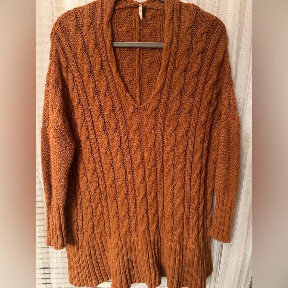 Free People Women's S/p Knitted Orange 3/4 Sleeve Pullover Deep V-Neck Sweaterj2